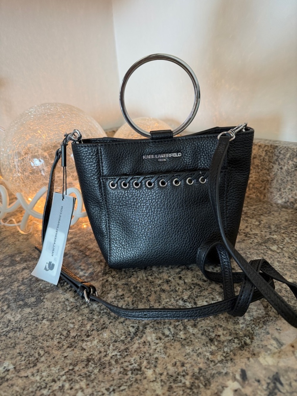 Karl Lagerfeld Black Pebbled Leather Ring-Handle Crossbody Purse